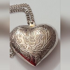 Vintage 90's Puffy Heart Ornate Silver Florals With Long Chain Estate Jewelry